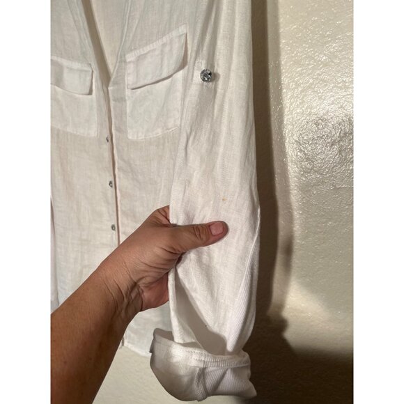 INC. International Concept 8 White Linen Rayon Blouse Pockets Roll Tab Sleeves - Picture 9 of 16